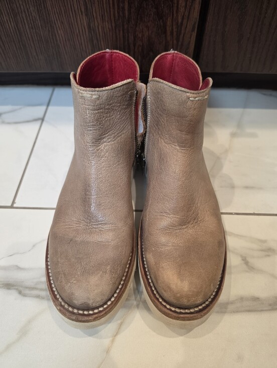 Bed Stu Shoes - Bed Stu Taupe Leather Ankle Boots with Red Lining